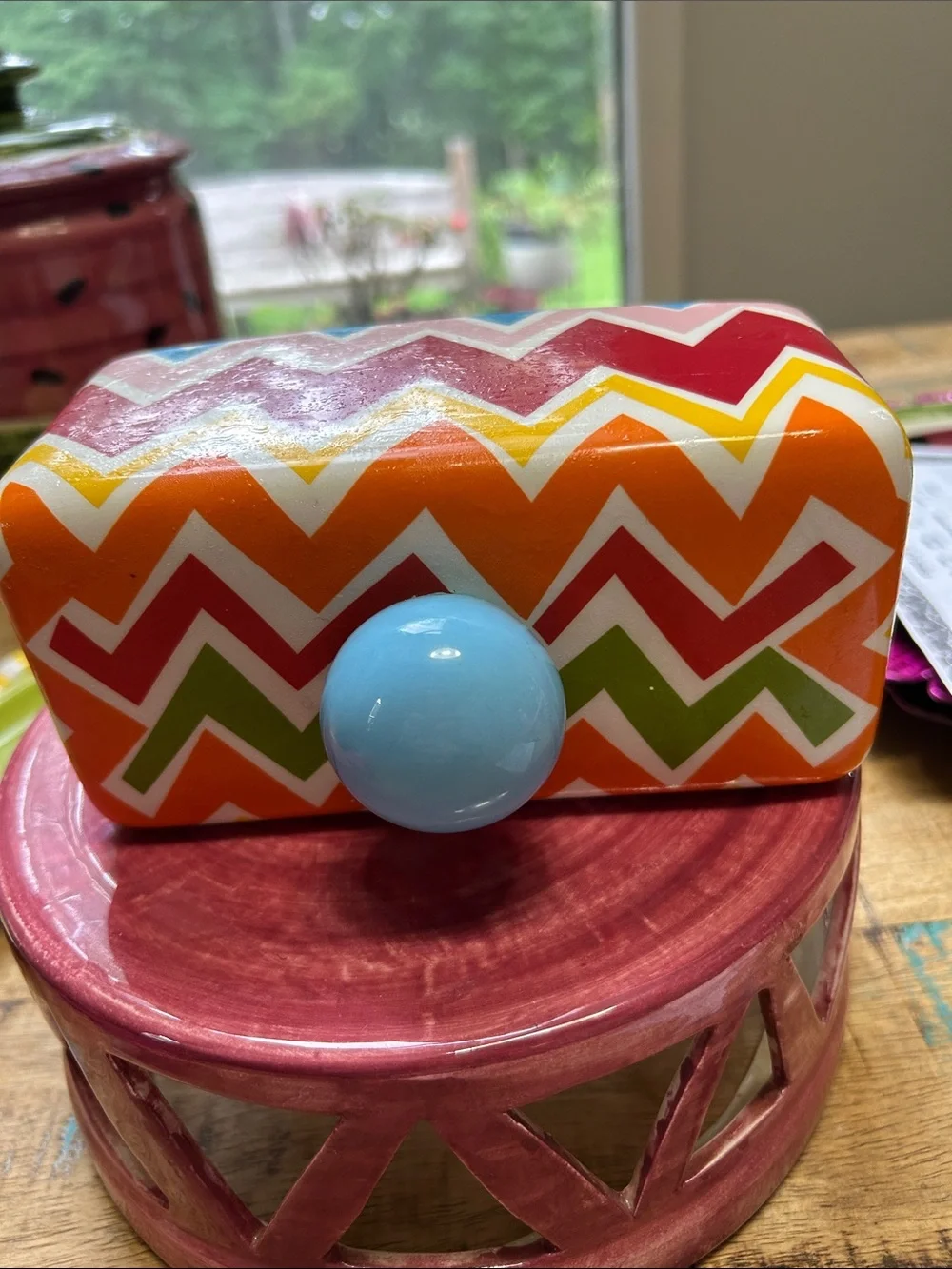 Colorful Chevron Ceramic Butter Dish with Blue Knob